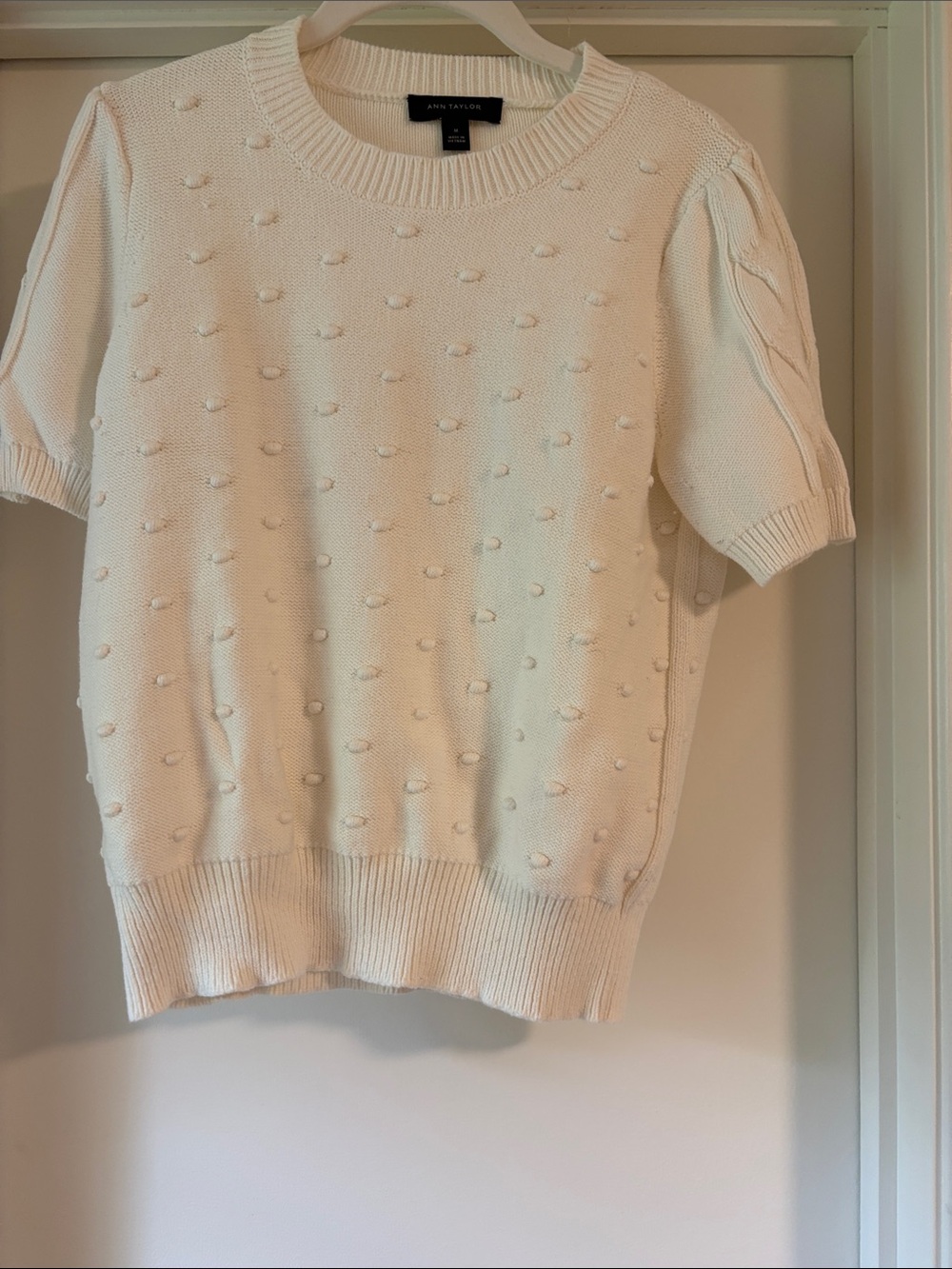 Ann Taylor Cream Short-Sleeve Bobble Knit Crewneck Sweater